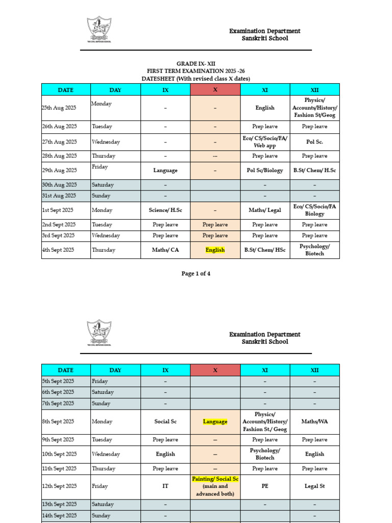 Sanskriti School IX-XII Exam Datesheet 2025 | PDF