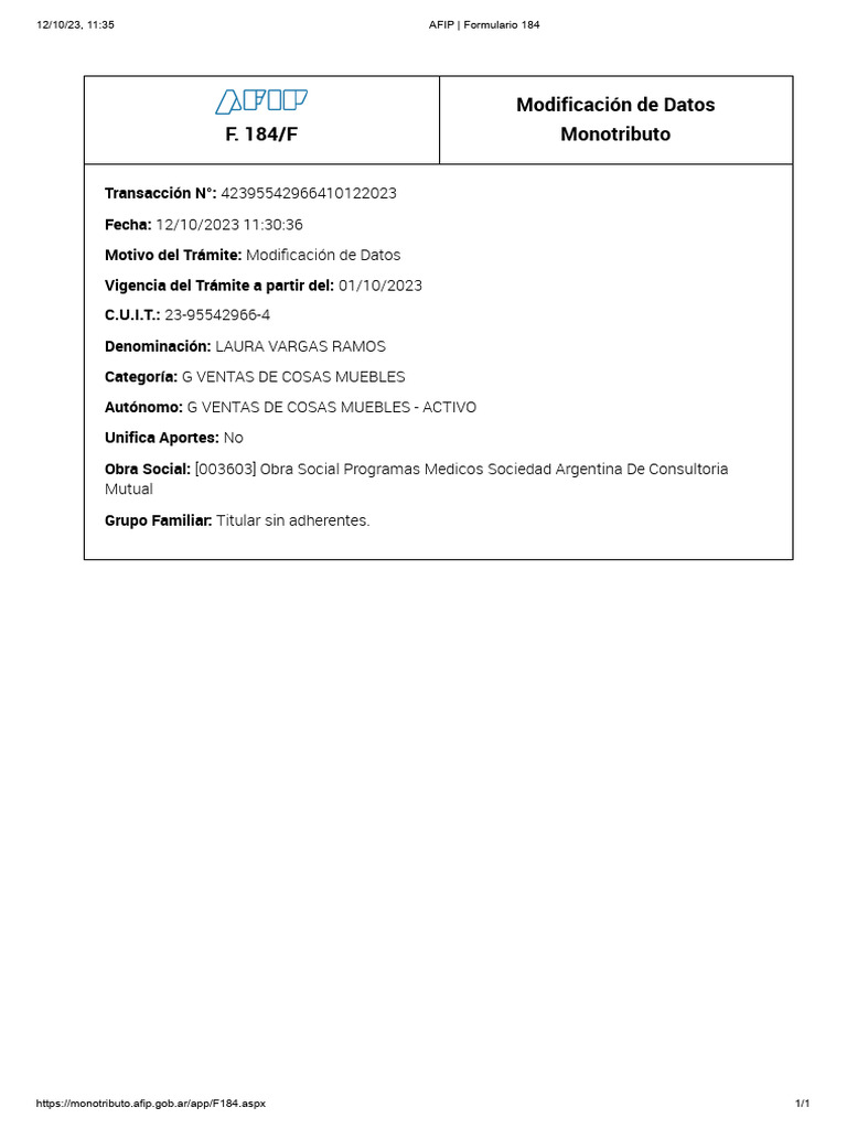 AFIP - Formulario 184 | PDF
