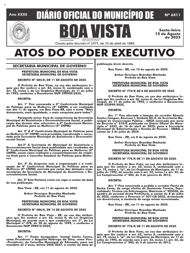 Atos do Poder Executivo de Boa Vista | PDF | Prefeito