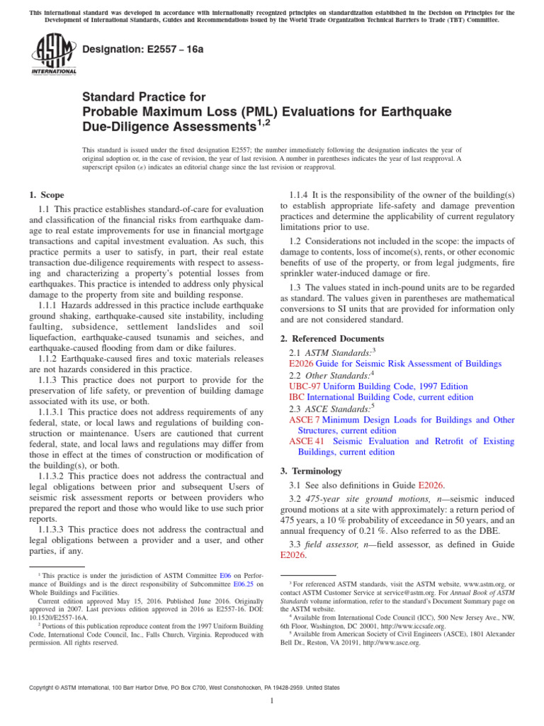 ASTM E2557-16a: Earthquake PML Standard | PDF | Risk | Geotechnical ...