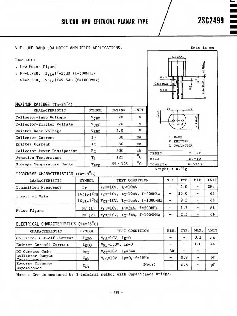 2SC2499 Low Noise Amplifier Specs | PDF | Bipolar Junction Transistor ...