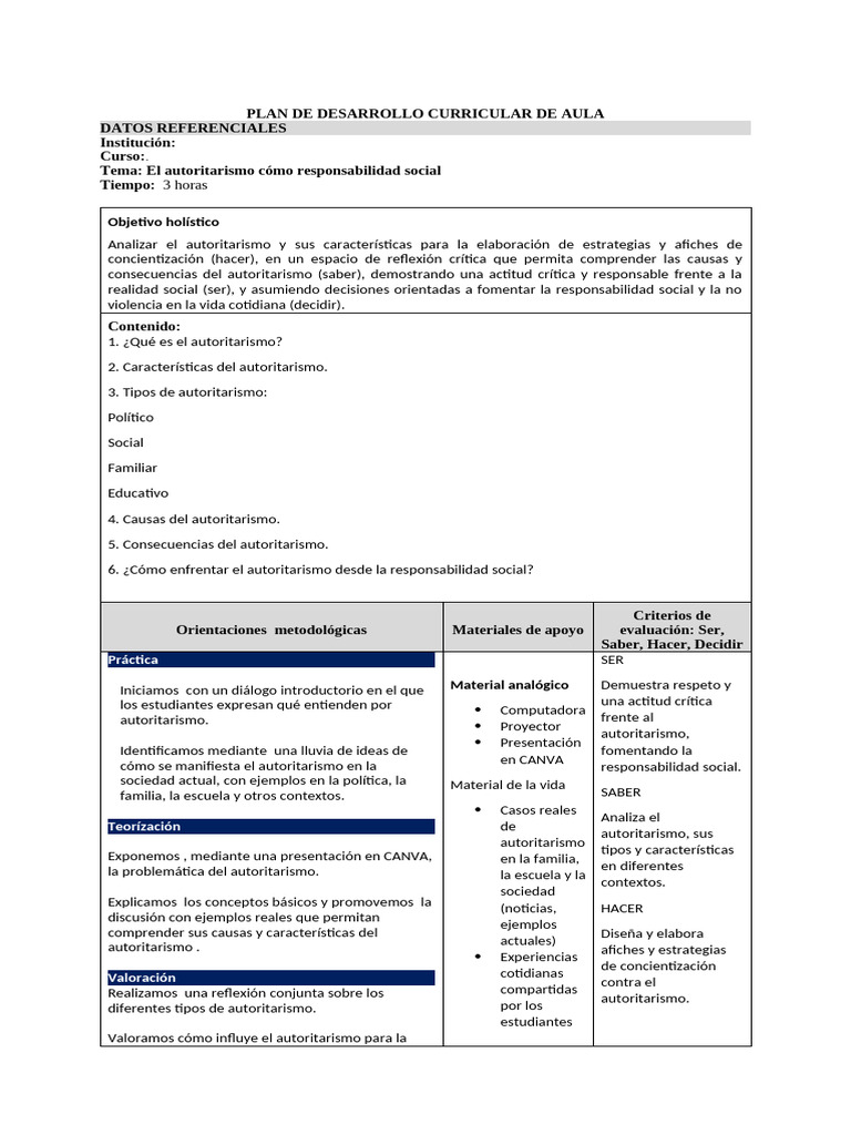 Formato Plan de Desarrollo Curricular | PDF | Autoritarismo | Educación ...