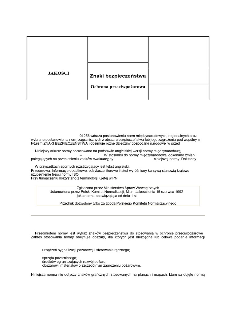 PN-92N-01256-01 Znaki Bezpieczeństwa - Ochrona Przeciwpożarowa | PDF