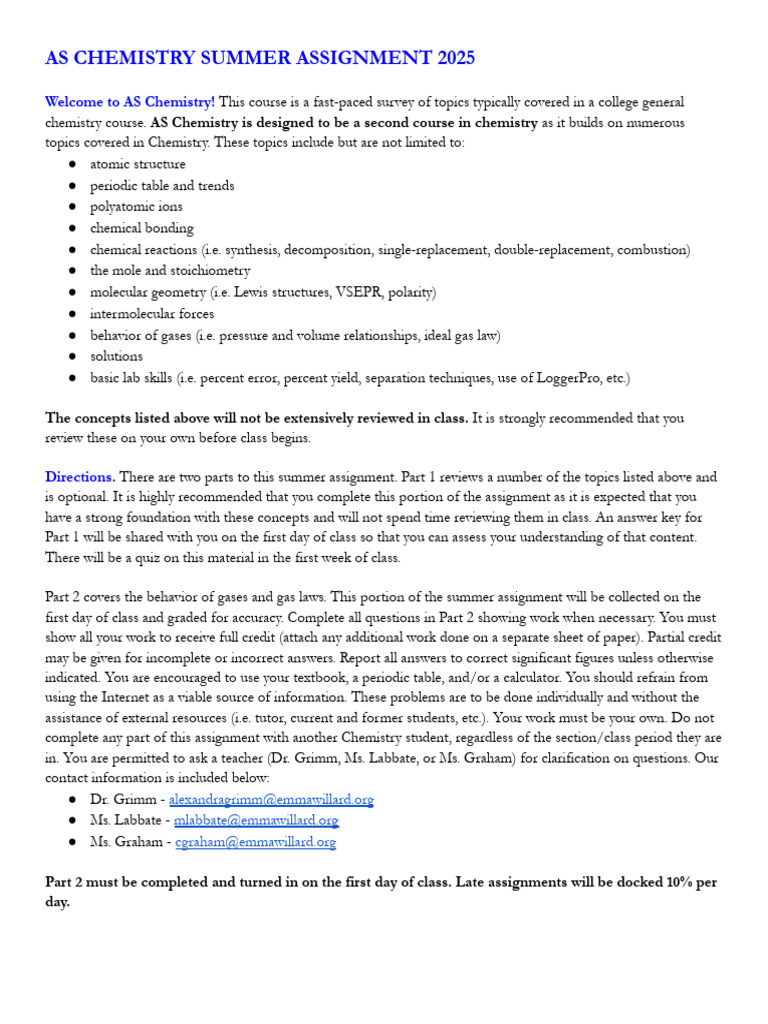 AS Chemistry Summer Assignment 2025 | PDF | Gases | Chemistry