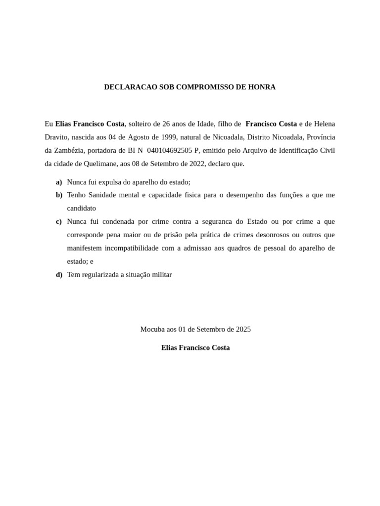 Declaração de Compromisso de Honra | PDF