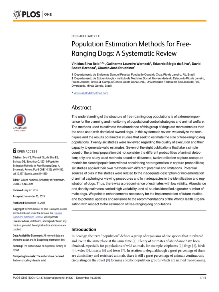 Population Estimation Methods For Free-Ranging Dogs - A Systematic ...