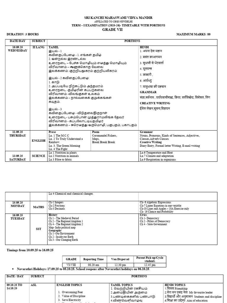 Grade VII Term I Portions and Timetable | PDF