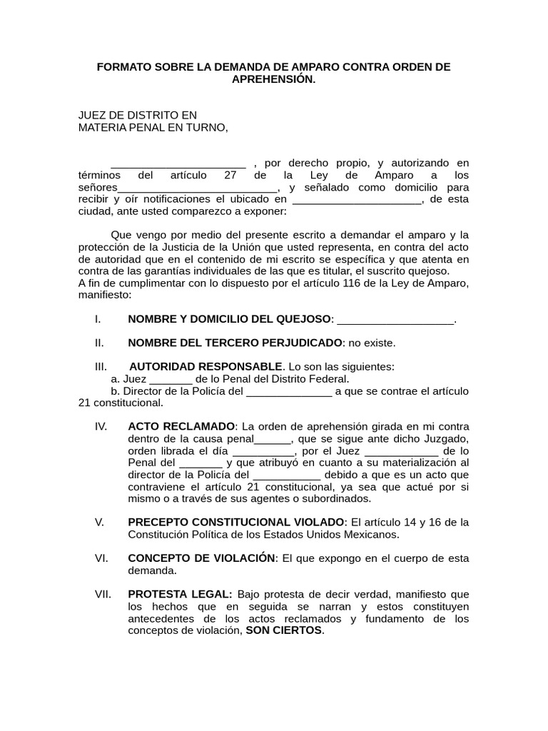 Formato Sobre La Demanda de Amparo Contra Orden de Aprehension | PDF ...