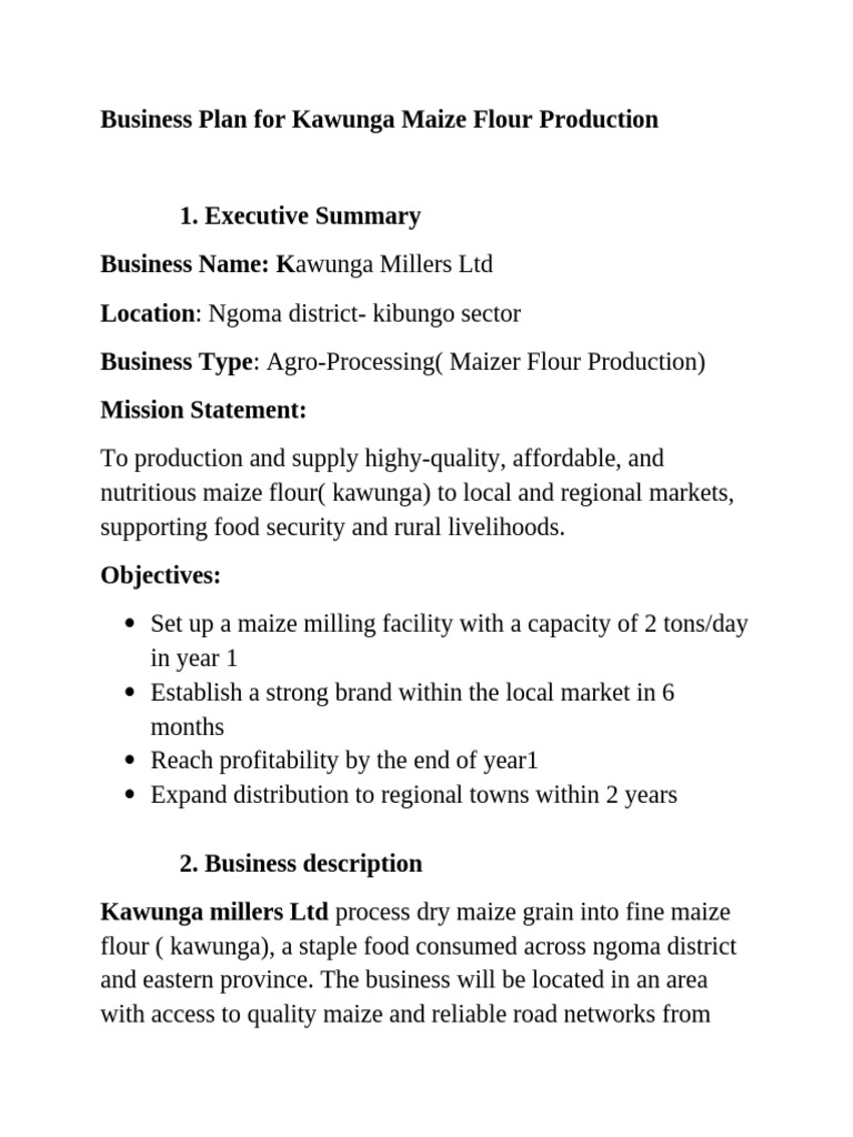 Kawunga Maize Flour Production Plan | PDF | Flour | Supply Chain