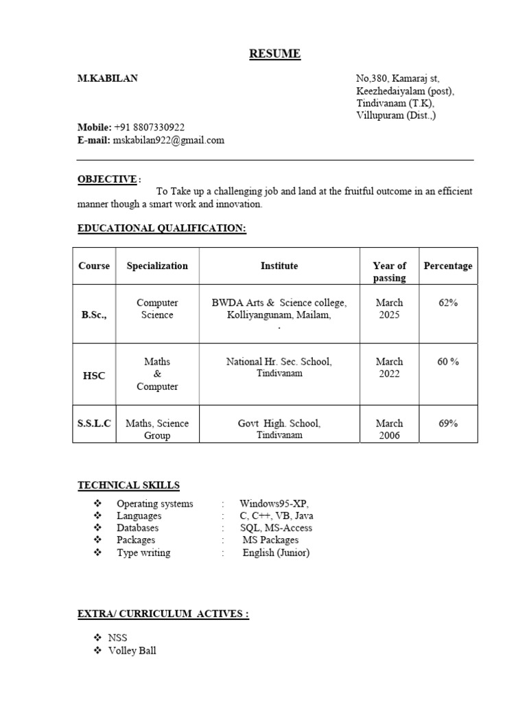 Resume of M. Kabilan - Computer Science Graduate | PDF