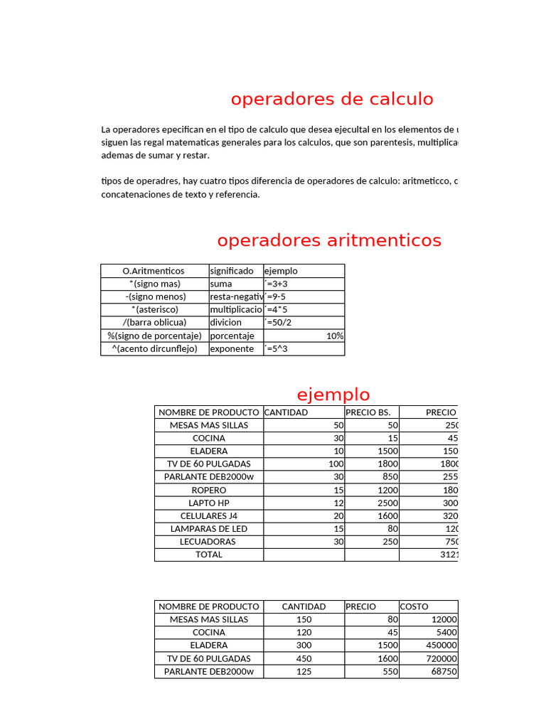 Operadores de Cálculo en Excel | PDF | Matemática Elemental | Matemáticas