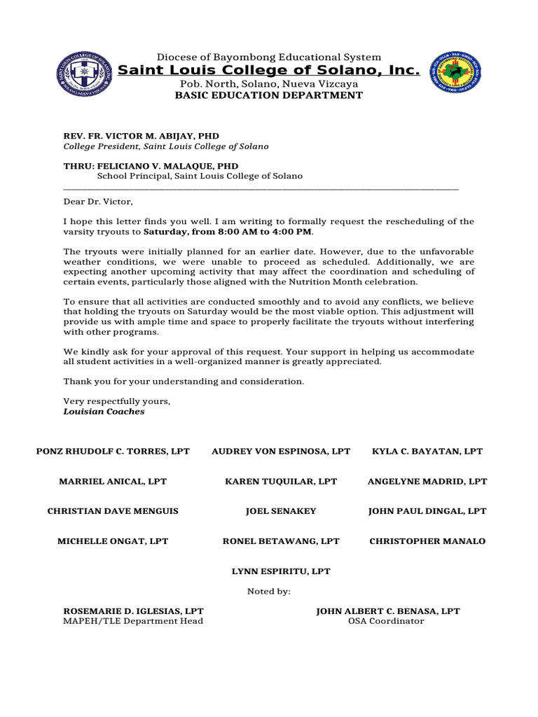 Rescheduling Varsity Tryouts Request | PDF