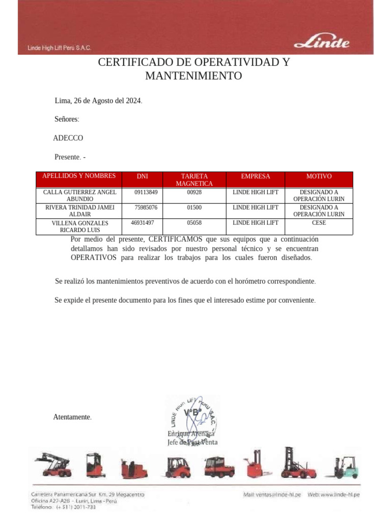 Certificado de Operatividad Adecco Lurín | PDF