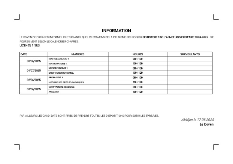 Programme D'examen de La 2ieme Session Du Semestre 1 - Phoenix | PDF