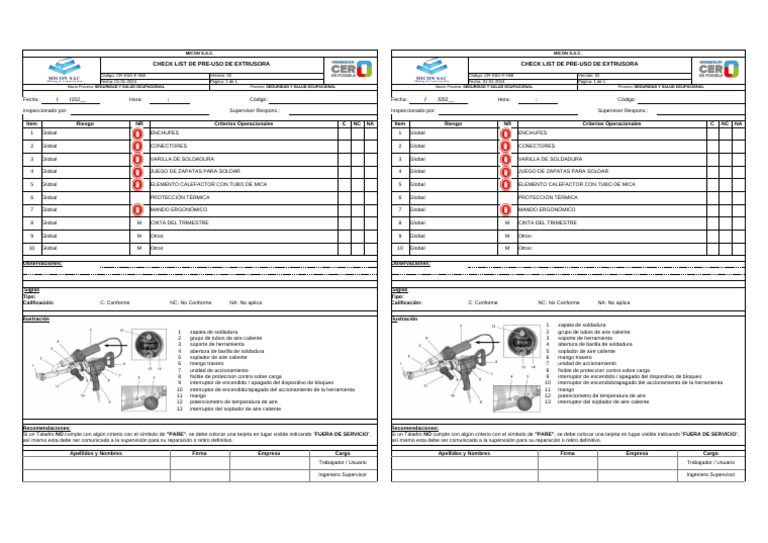 Checklist Pre-uso Extrusora F-068 | PDF
