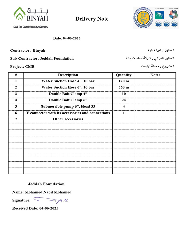 Delivery Note for CMB Project Supplies | PDF