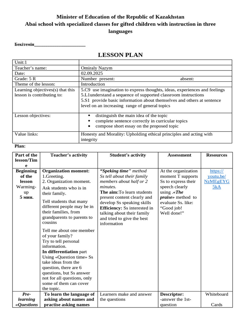 Lesson Plan for Grade 5: Family and Numbers | PDF | Lesson Plan | Teachers