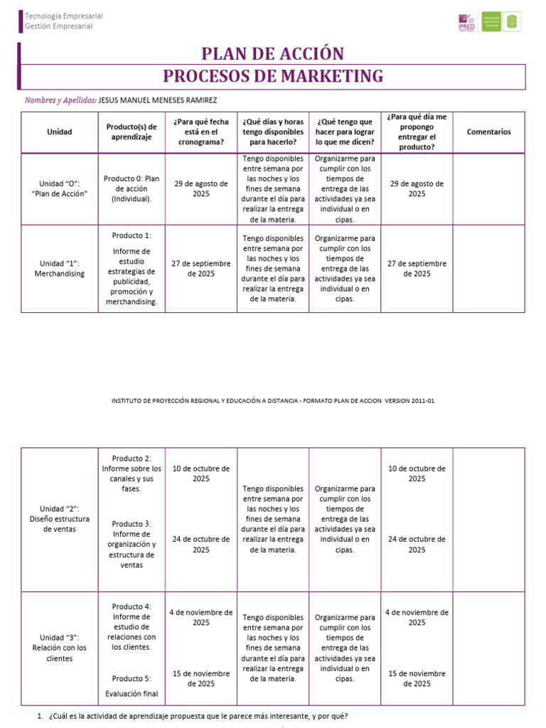 Plan de Acción en Marketing Empresarial | PDF | Iniciativa empresarial ...