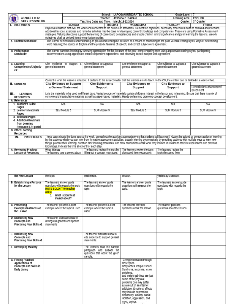 Grade 7 English Daily Lesson Log | PDF | Learning | Teachers