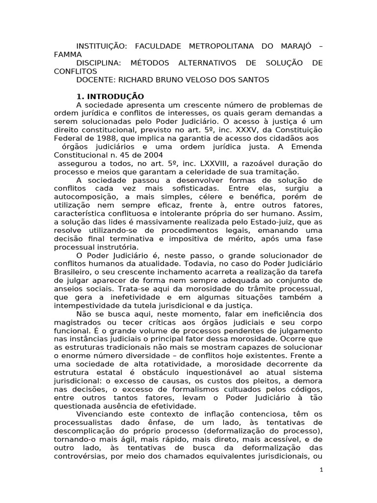 Métodos Alternativos De Mediação De Conflitos Pdf Mediação