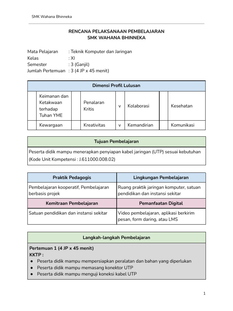 RPP Teknik Komputer: Instalasi Kabel UTP | PDF