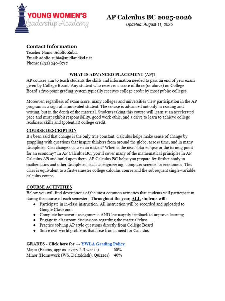 AP Calculus BC Course Overview 2025-2026 | PDF | Advanced Placement ...