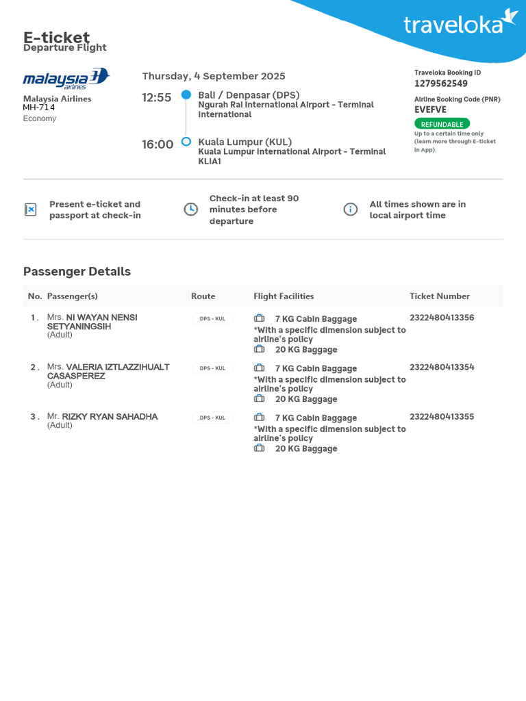 Malaysia Airlines E-Ticket Details | PDF