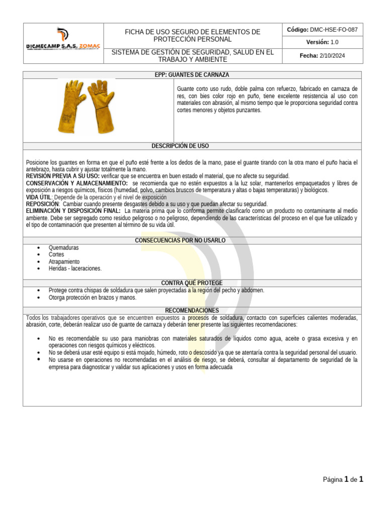 Dmc-Hse-Fo-087 Ficha de Epp - Guante de Carnaza | PDF | Guante | Soldadura
