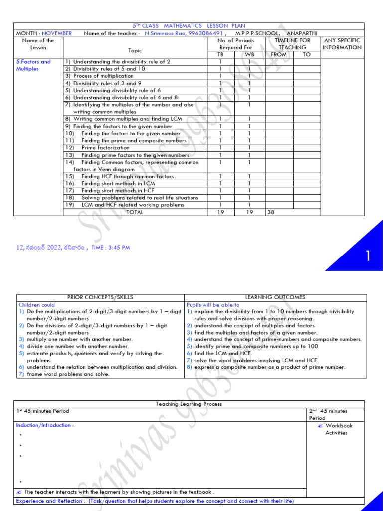5th Class Math Lesson Plan on Factors | PDF | Number Theory | Mathematics