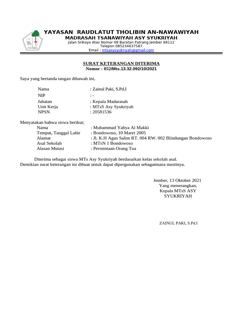 Surat Keterangan Mutasi Siswa MTs Asy Syukriyah | PDF