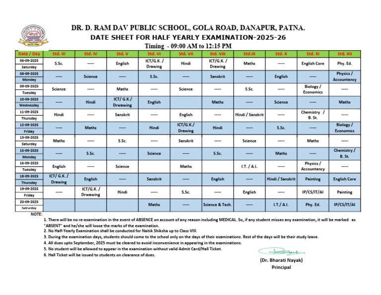 Date Sheet (III - XII) of Half Yearly Exam 2025 | PDF