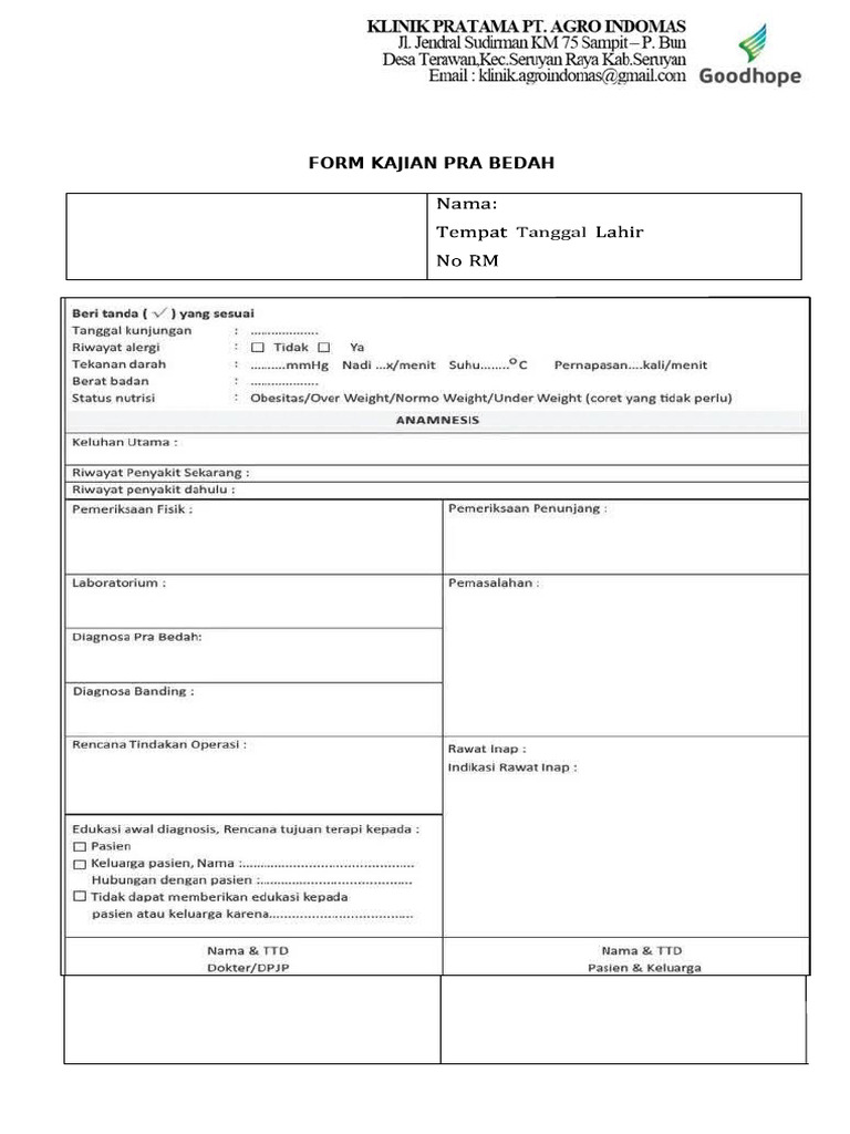 Berkas Dok Akr - PKP 8 Form Kajian Pra Bedah | PDF
