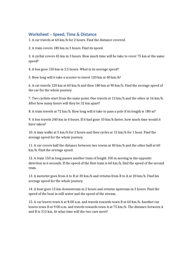 Speed, Time & Distance Worksheet | PDF