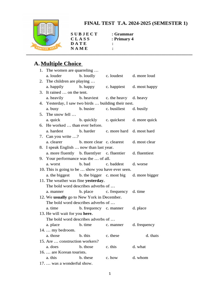 Grammar Primary 4 Final Test | PDF | Noun | Verb