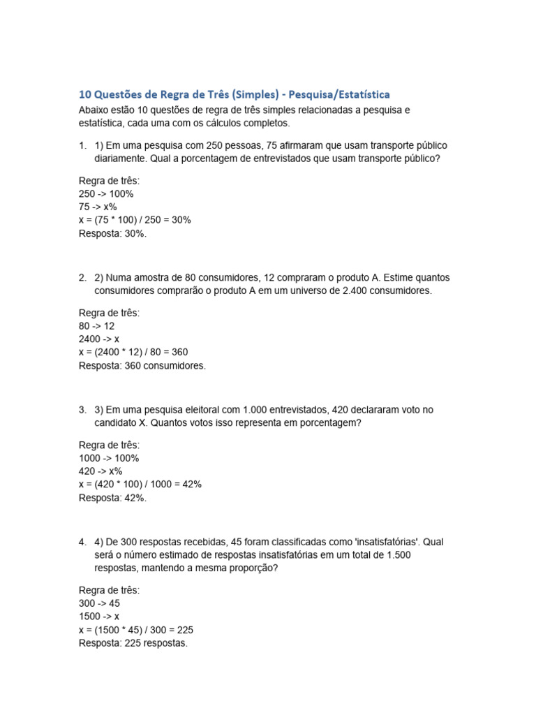 10 Questões de Regra de Três Simples | PDF
