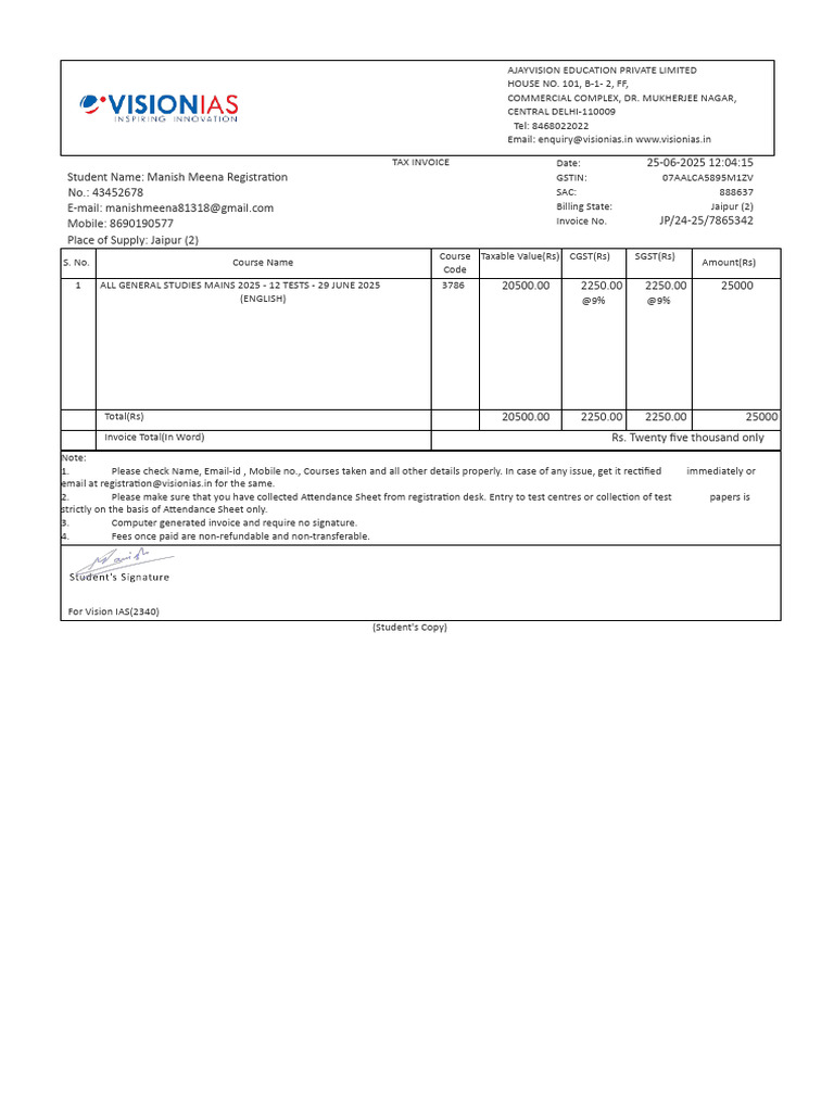 Tax Invoice for Vision IAS Course | PDF | Taxation | Government Finances