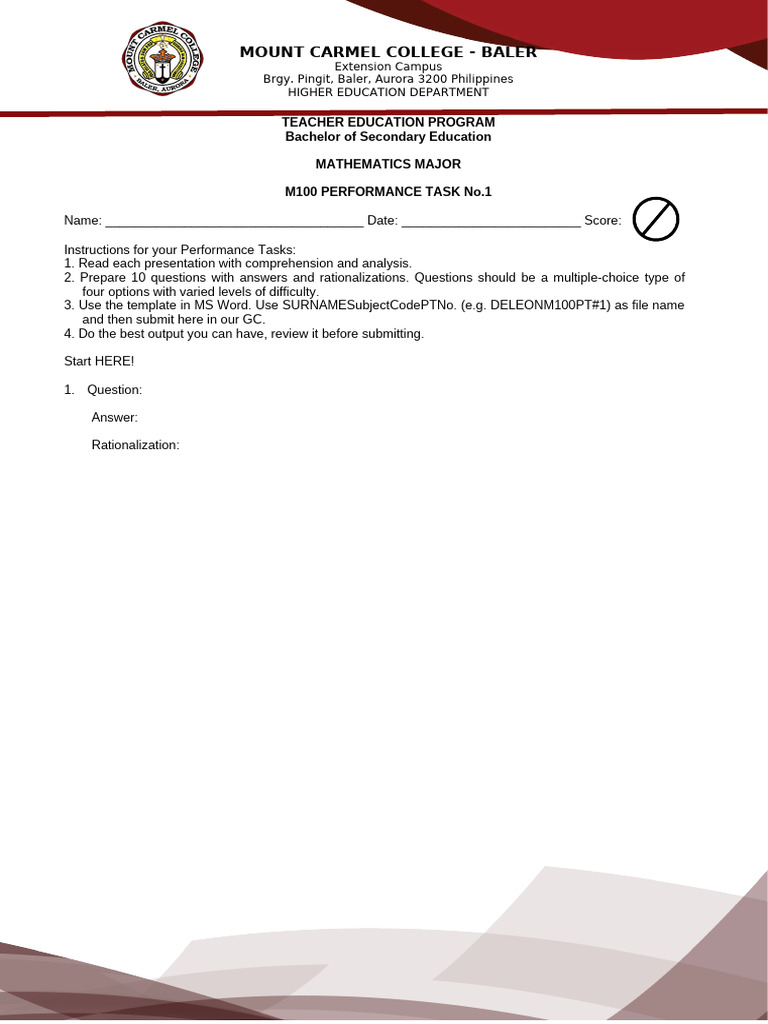 BSE Mathematics Performance Task Guide | PDF