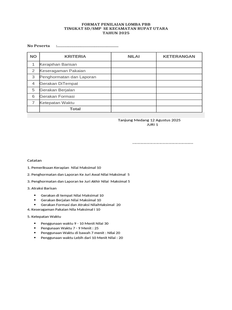 Format Penilaian Lomba PBB 2025 | PDF