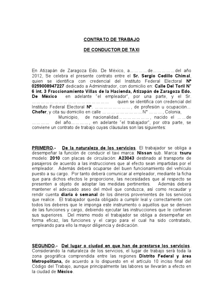 Contrato de Trabajo Chofer Taxi