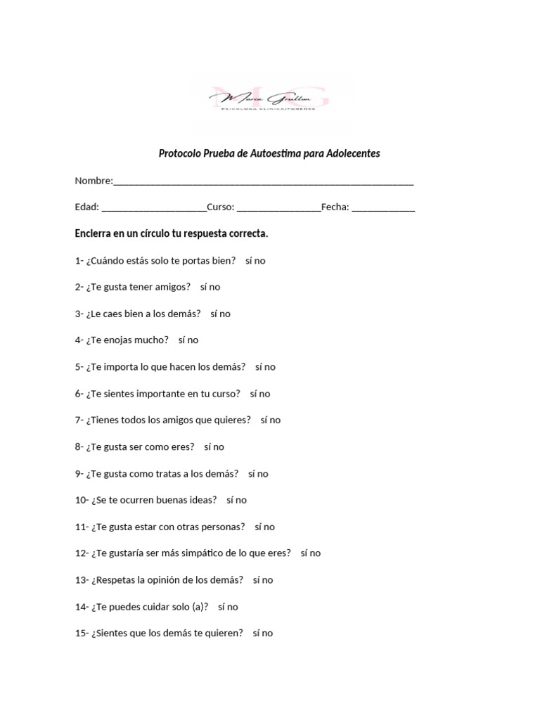 Prueba de Autoestima para Adolescentes | PDF
