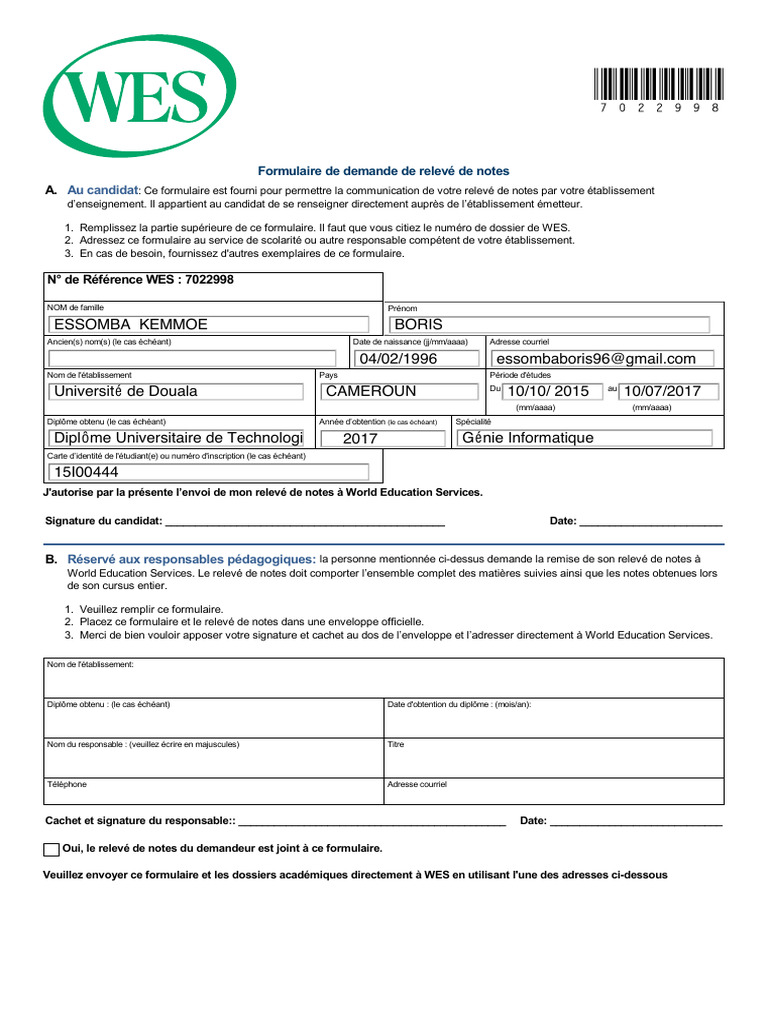 Formulaire de demande de relevé de notes WES | PDF