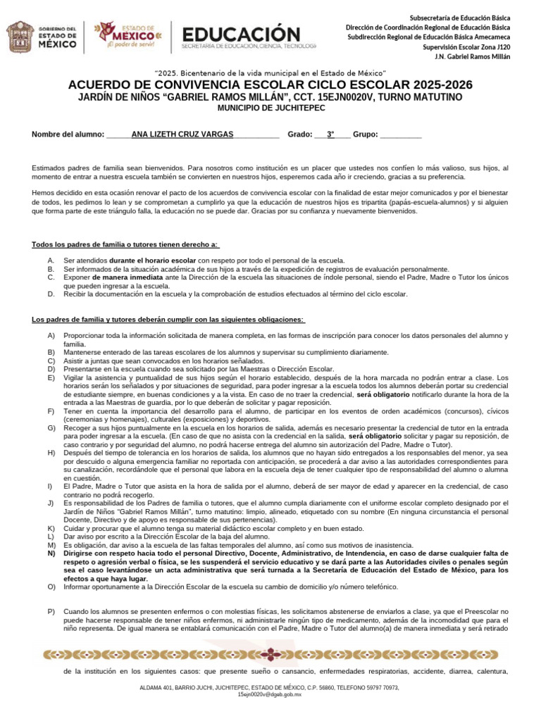 Acuerdo de Convivencia Escolar 2025-2026 | PDF | Escuelas | Educación ...