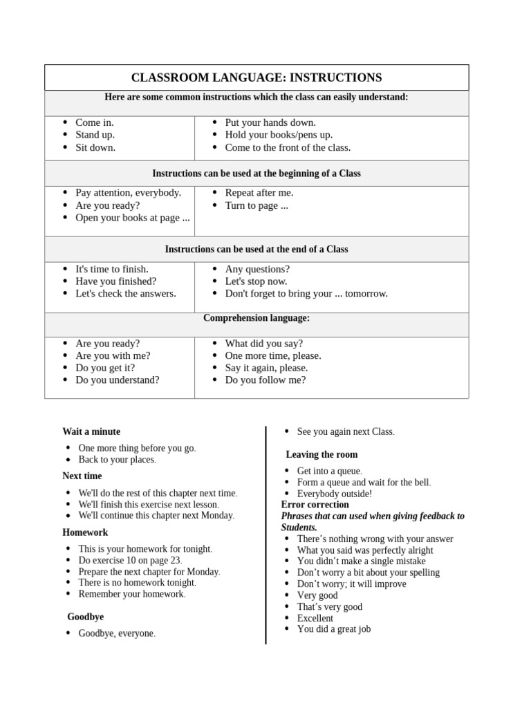 Classroom Language Instructions | PDF