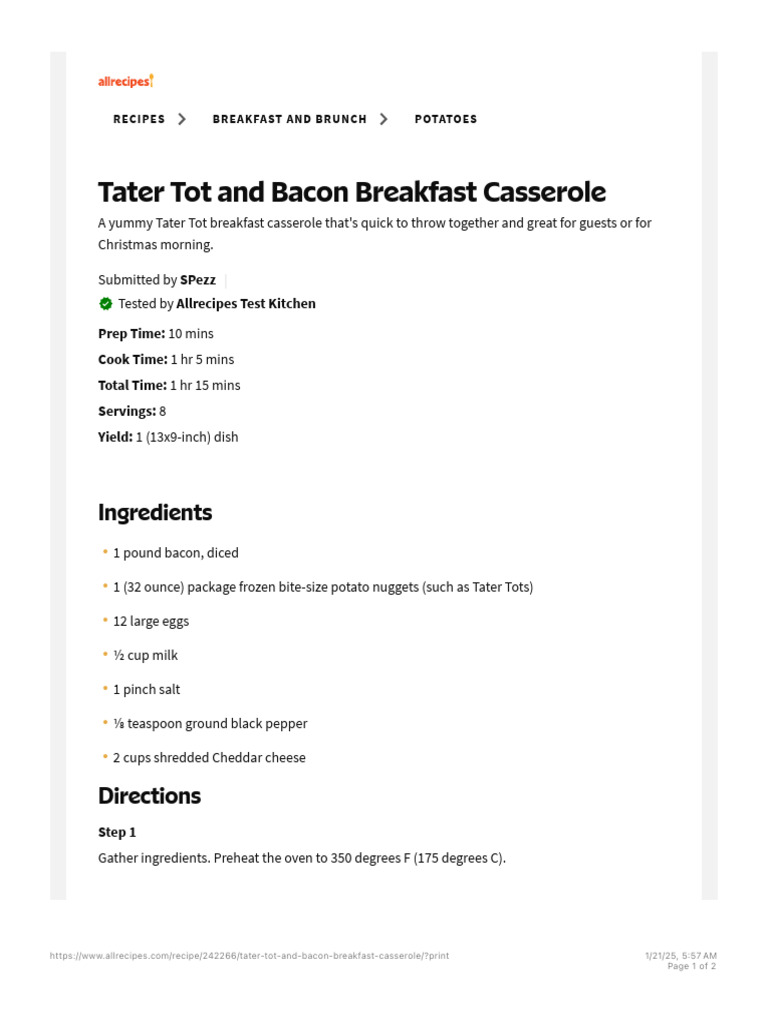 Tater Tot Bacon Breakfast Casserole | PDF | Bacon | Nutrition