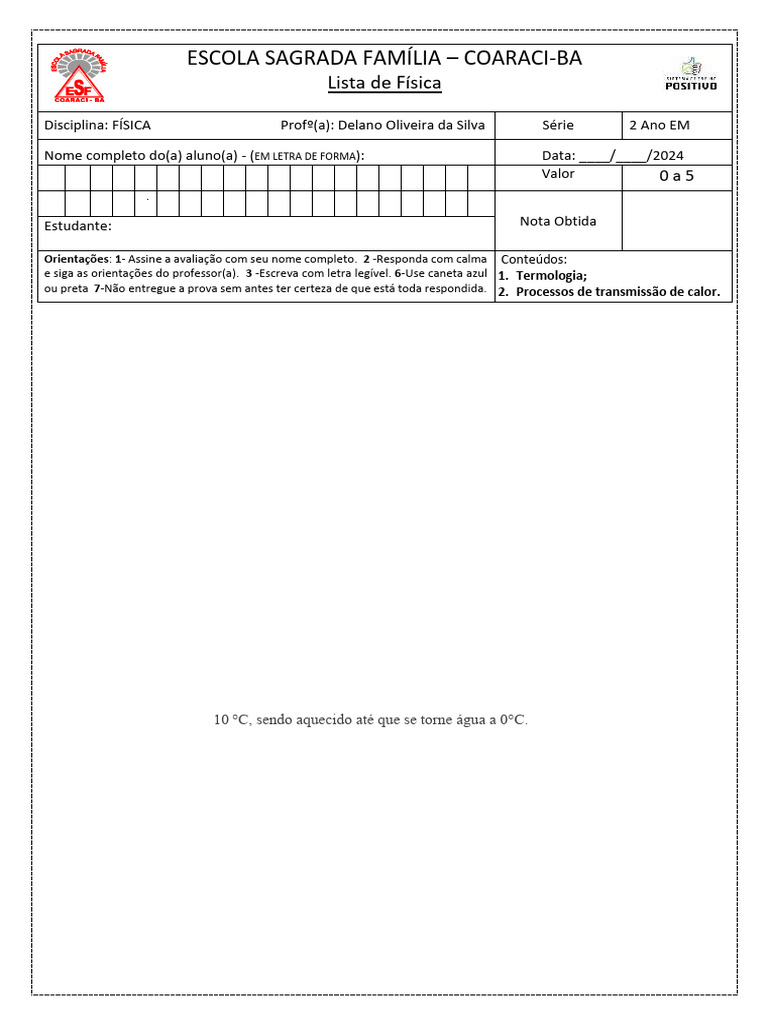 Lista de Exercícios de Física - 2º Ano EM | PDF | Fahrenheit | Calor