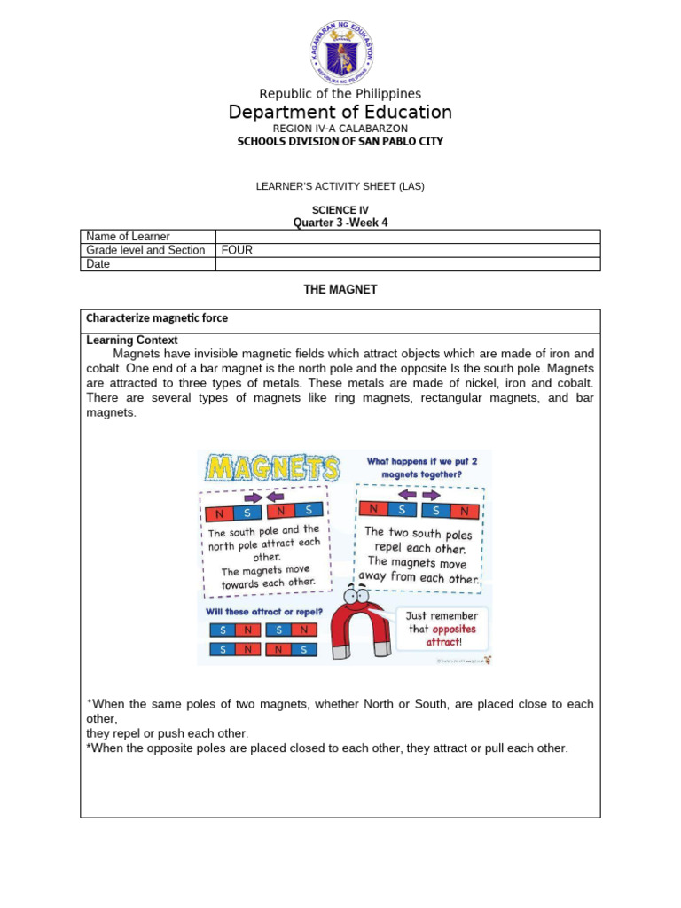 Science 4-3rd Quarter Las - Week 4 | PDF | Magnet | Learning