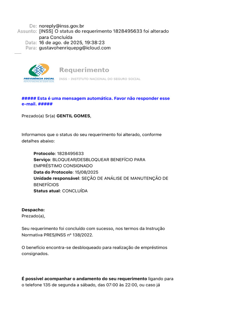 Status do Requerimento INSS Concluído | PDF