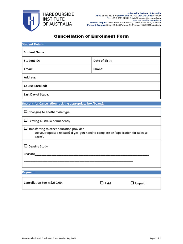 Harbourside Institute Cancellation Form | PDF