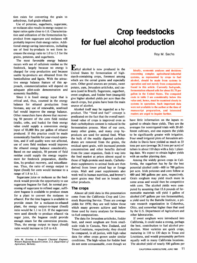 Feedstocks for Ethanol Production Analysis | PDF | Ethanol | Sugar Beet