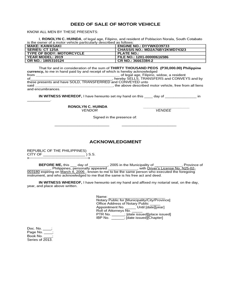 Deed of Sale of Motor Vehicle | PDF | Natural Resources Law | Property Law